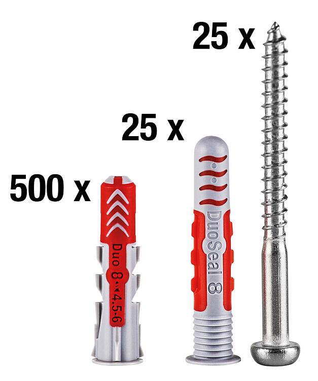 Vorteilspaket Fischer DuoPower + DuoSeal ø 8 mm, Inhalt 550 Stk. Vorteilspaket Fischer DuoPower + DuoSeal ø 8 mm, Inhalt 550 Stk.