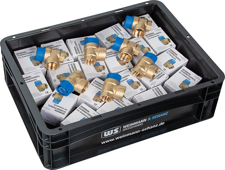 Membran-Sicherheitsventil EVENES DN 15 (1/2"), 6 bar für Trinkwasser, Vorteilspaket, 20x SV inkl. WS-Box Membran-Sicherheitsventil EVENES DN 15 (1/2"), 6 bar für Trinkwasser, Vorteilspaket, 20x SV inkl. WS-Box