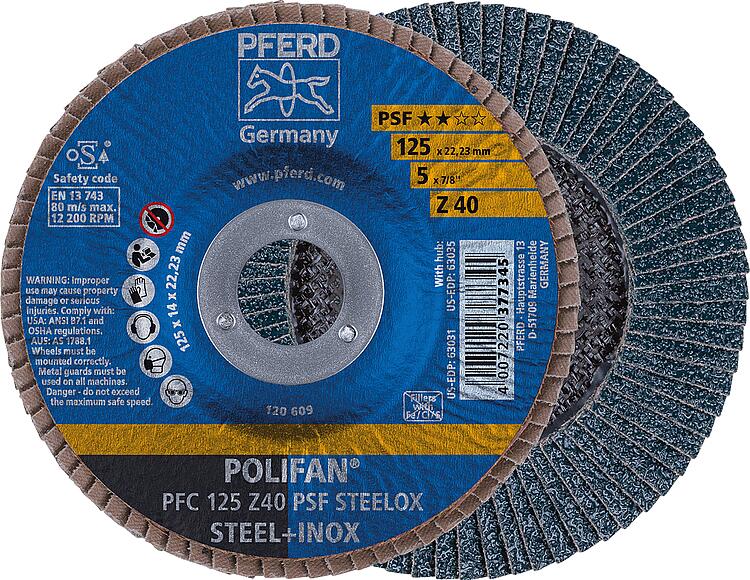 Lamellenschleifteller PFERD Ø 125 x 22,23mm K120, gewölbt für Stahl, Edelstahl