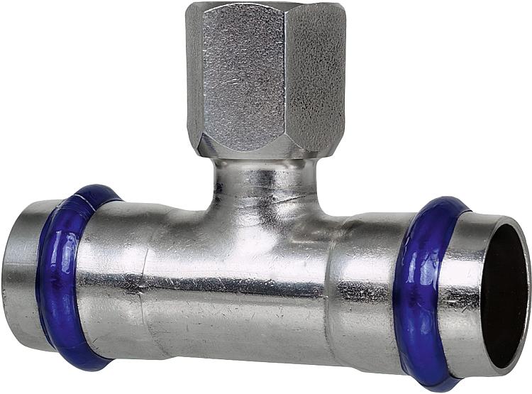 Edelstahl Pressfitting T-Stück mit IG 15mm x 1/2" x 15mm V-Kontur Edelstahl Pressfitting T-Stück mit IG 15mm x 1/2" x 15mm V-Kontur