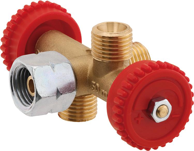 3-fach Abzweigventil G 1/4" LH-ÜM x (3x) G 1/4" LH-KN mit 2 absperrbaren Abgängen 3-fach Abzweigventil G 1/4" LH-ÜM x (3x) G 1/4" LH-KN mit 2 absperrbaren Abgängen