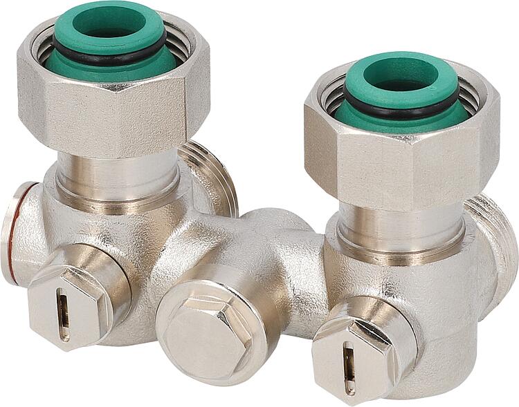 Einrohr-Hahnblock für Heizkörperanschluss DN20 (3/4") Eurokonus, Ausführung Eckform Einrohr-Hahnblock für Heizkörperanschluss DN20 (3/4") Eurokonus, Ausführung Eckform