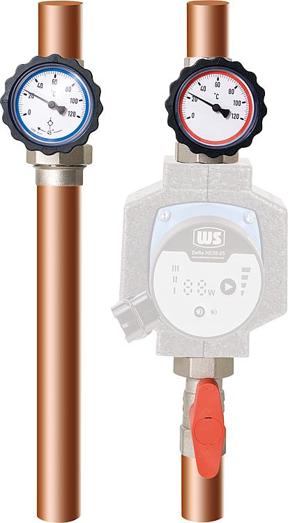 Pumpenabsperr-Set Typ7, DN25(1") vernickelt mit Überwurfmutter und Thermometer r Pumpenabsperr-Set Typ7, DN25(1") vernickelt mit Überwurfmutter und Thermometer r