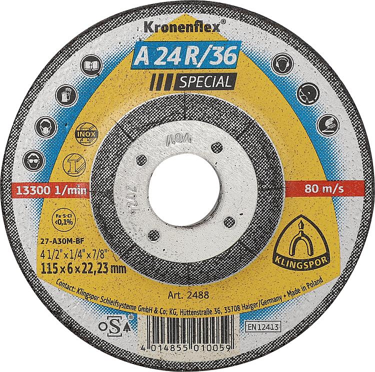 Schruppscheibe KLINGSPOR A 24 R/36 SPECIAL 115 x 6,0 x 22,23 mm, gekröpft Schruppscheibe KLINGSPOR A 24 R/36 SPECIAL 115 x 6,0 x 22,23 mm, gekröpft