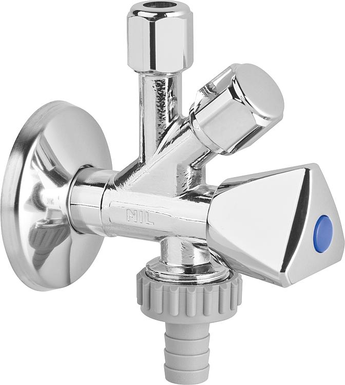 Kombi-Eckventil Nil 1/2"x3/4"x3/8",mit selbst- dichtendem AG, verchromt Kombi-Eckventil Nil 1/2"x3/4"x3/8",mit selbst- dichtendem AG, verchromt